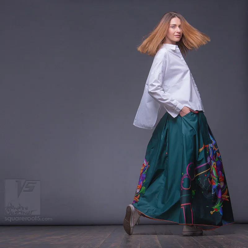 Long cotton skirt "Samurai Girl" model "Cosmic Emerald"