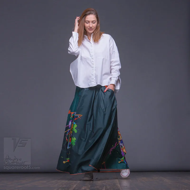 Long cotton skirt "Samurai Girl" model "Cosmic Emerald"