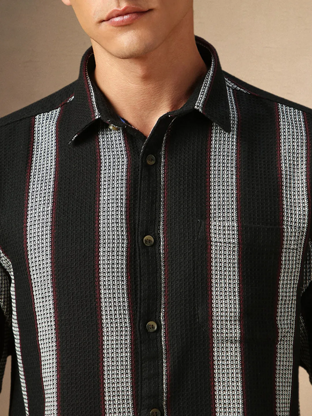 Men's White Striped Button Down collar Full Sleeves Casual Shirt