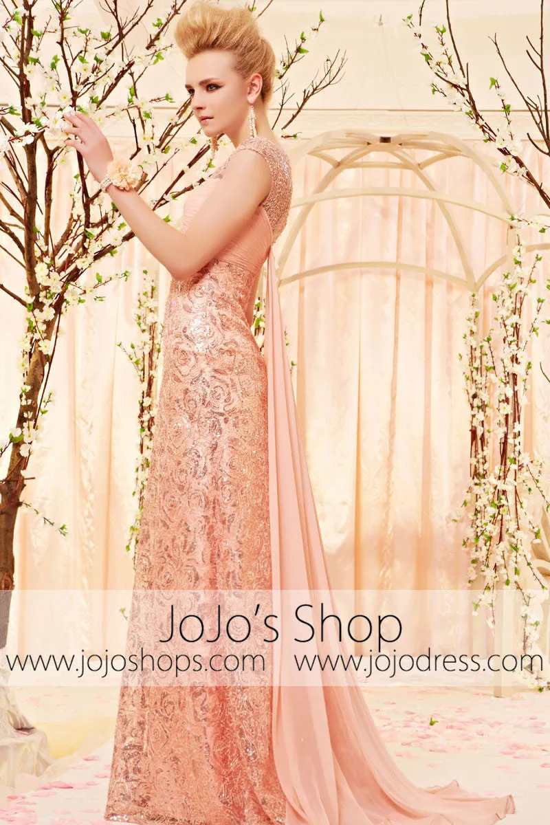 Modest Peach Pink Lace Evening Dress CX830366