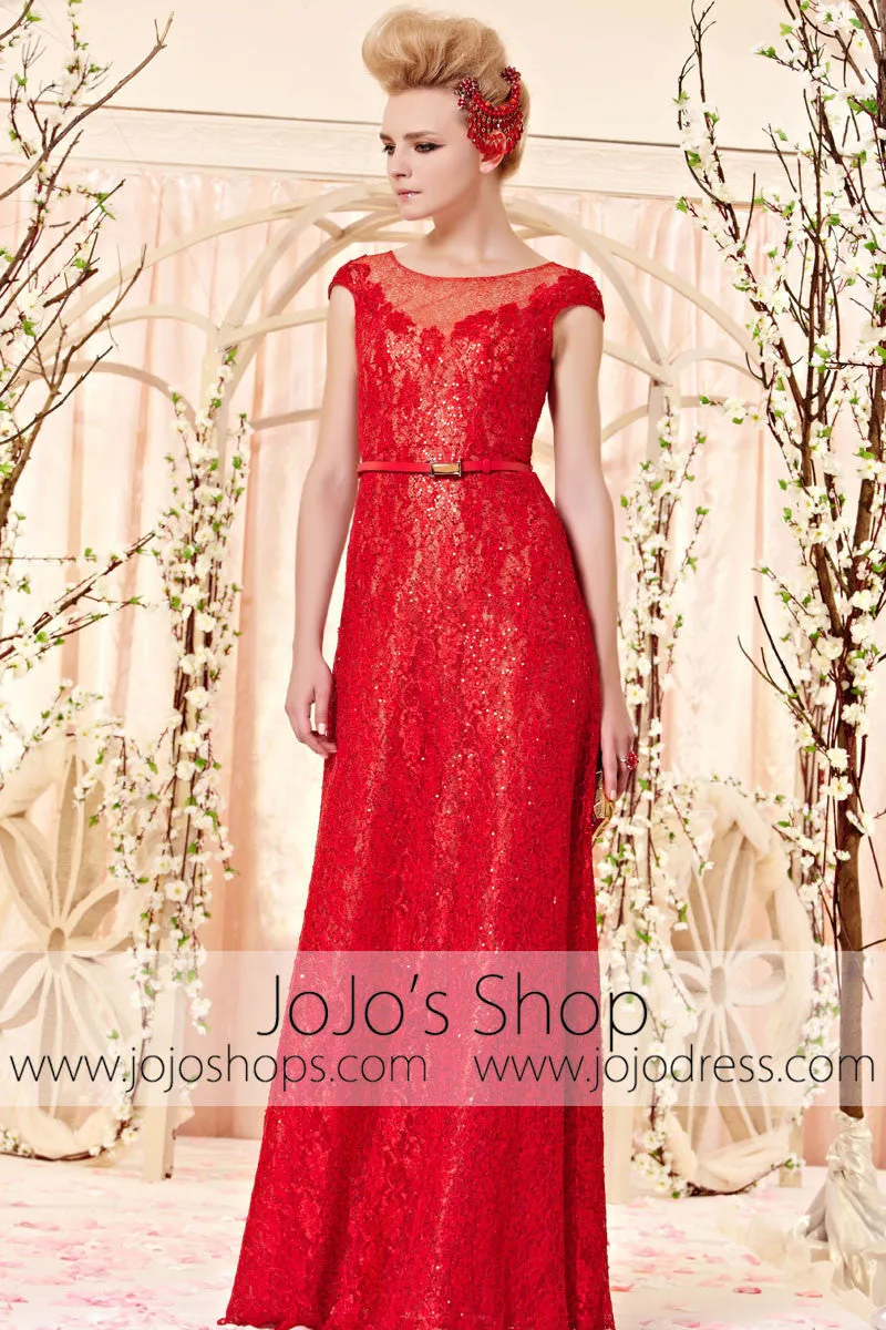 Modest Scoop Neck Red Lace Evening Dress CX830351