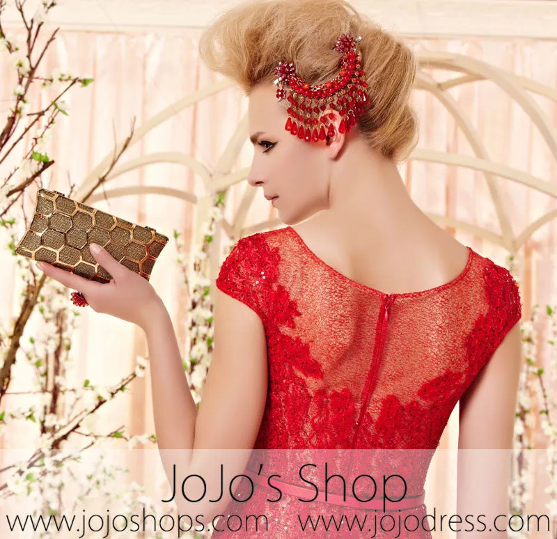Modest Scoop Neck Red Lace Evening Dress CX830351