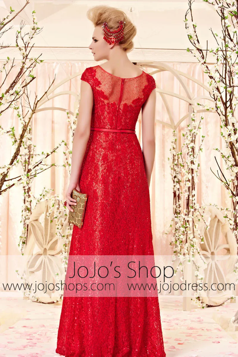 Modest Scoop Neck Red Lace Evening Dress CX830351