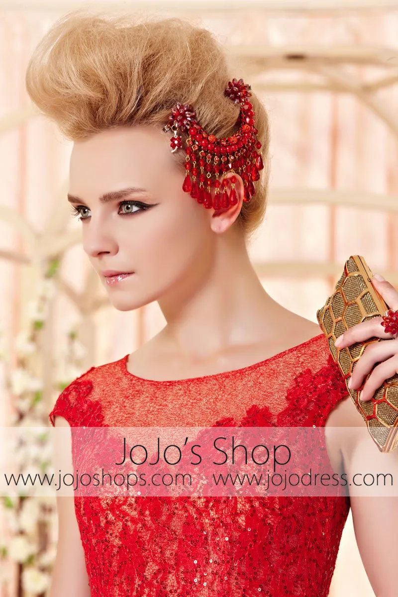 Modest Scoop Neck Red Lace Evening Dress CX830351