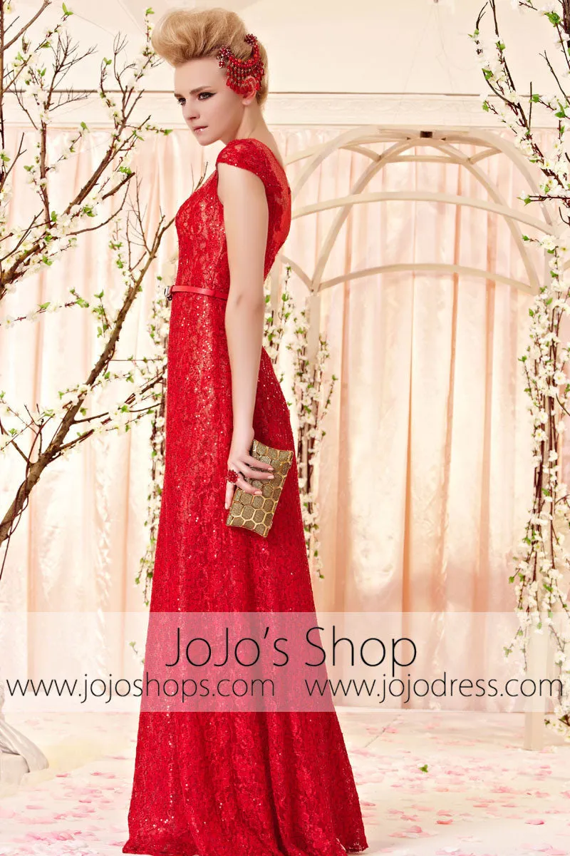 Modest Scoop Neck Red Lace Evening Dress CX830351