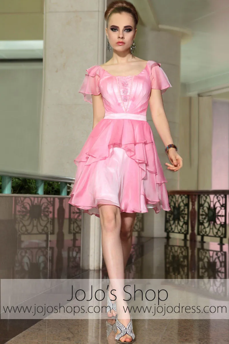 Pink Ruffle Short Butterfly Sleeves Bridesmaid Evening Cocktail Dress DQ86057