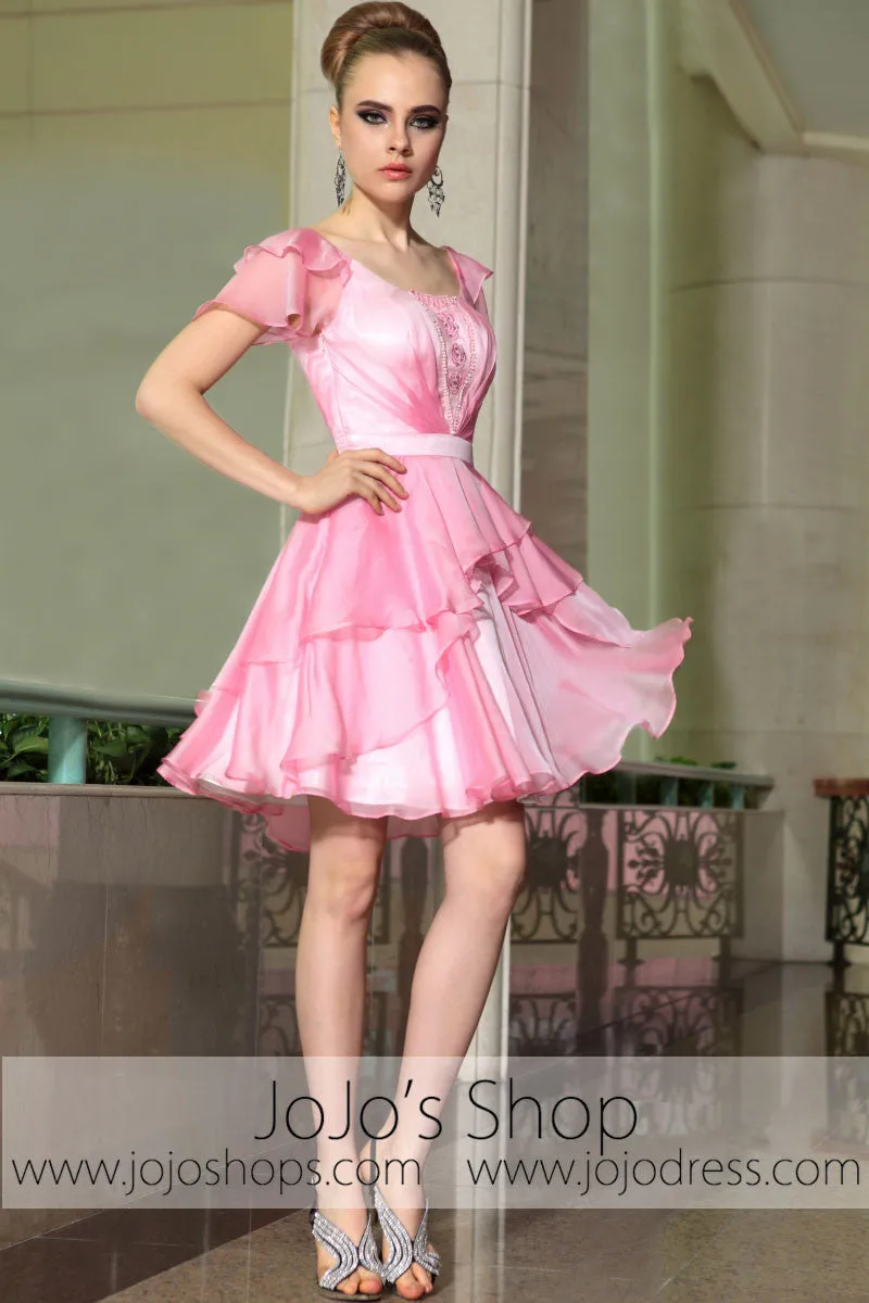 Pink Ruffle Short Butterfly Sleeves Bridesmaid Evening Cocktail Dress DQ86057