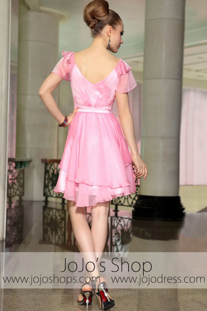 Pink Ruffle Short Butterfly Sleeves Bridesmaid Evening Cocktail Dress DQ86057