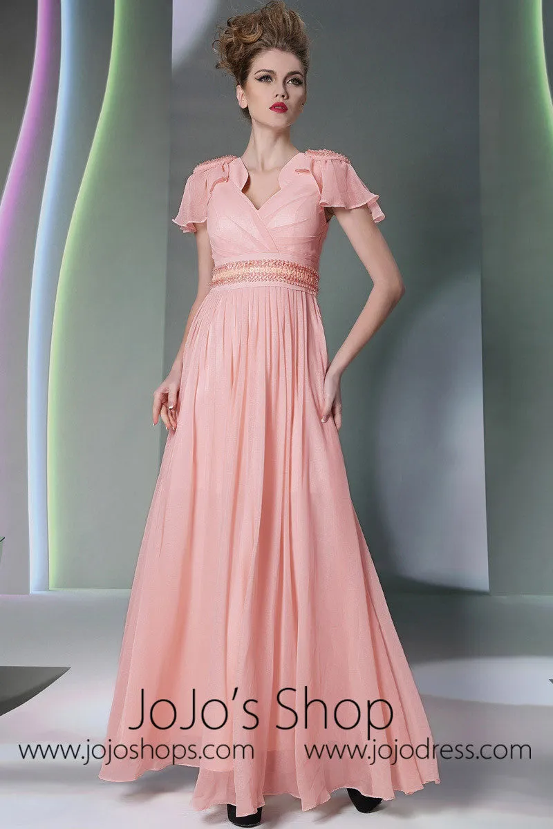 Pink V Neck Grecian Formal Prom Dress With Short Sleeves DQ830943