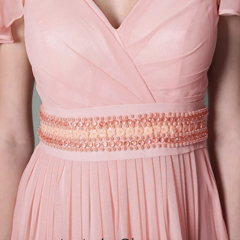 Pink V Neck Grecian Formal Prom Dress With Short Sleeves DQ830943