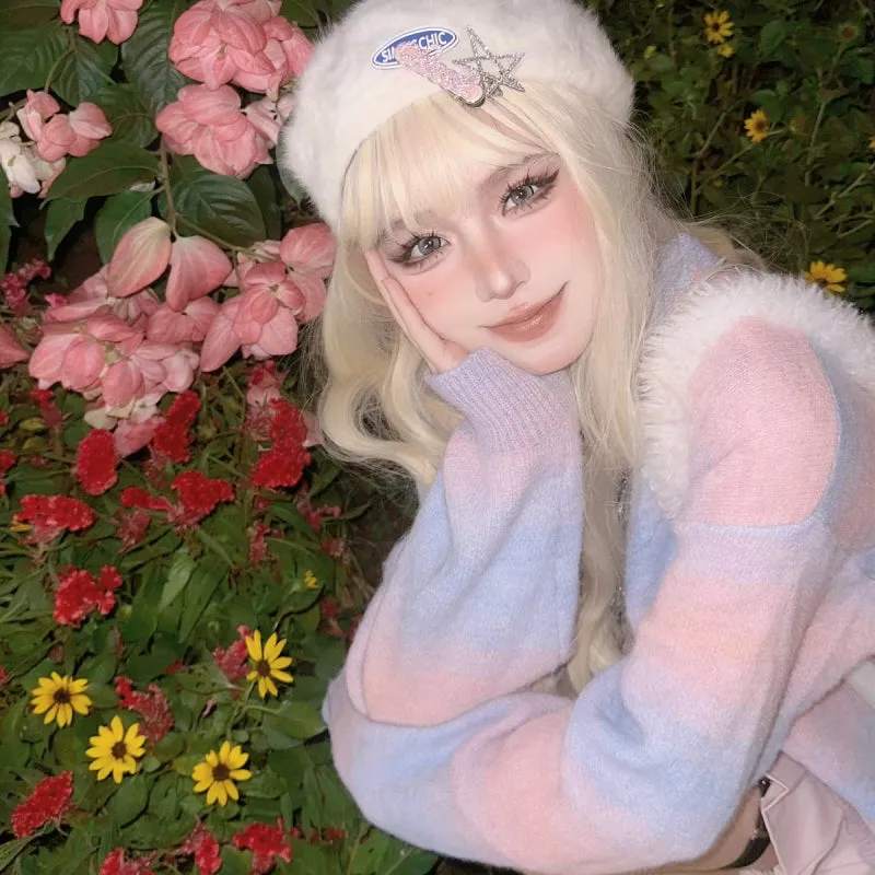 Sweet Soft Girl Style Pink And Blue Gradient Striped Cardigan