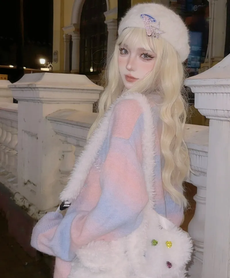 Sweet Soft Girl Style Pink And Blue Gradient Striped Cardigan