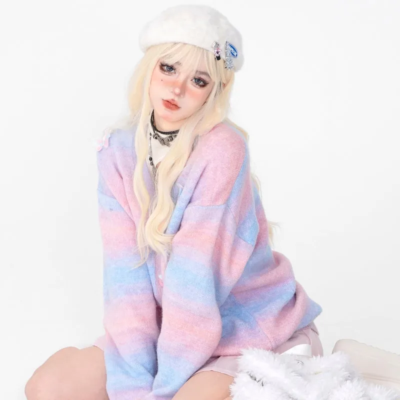 Sweet Soft Girl Style Pink And Blue Gradient Striped Cardigan