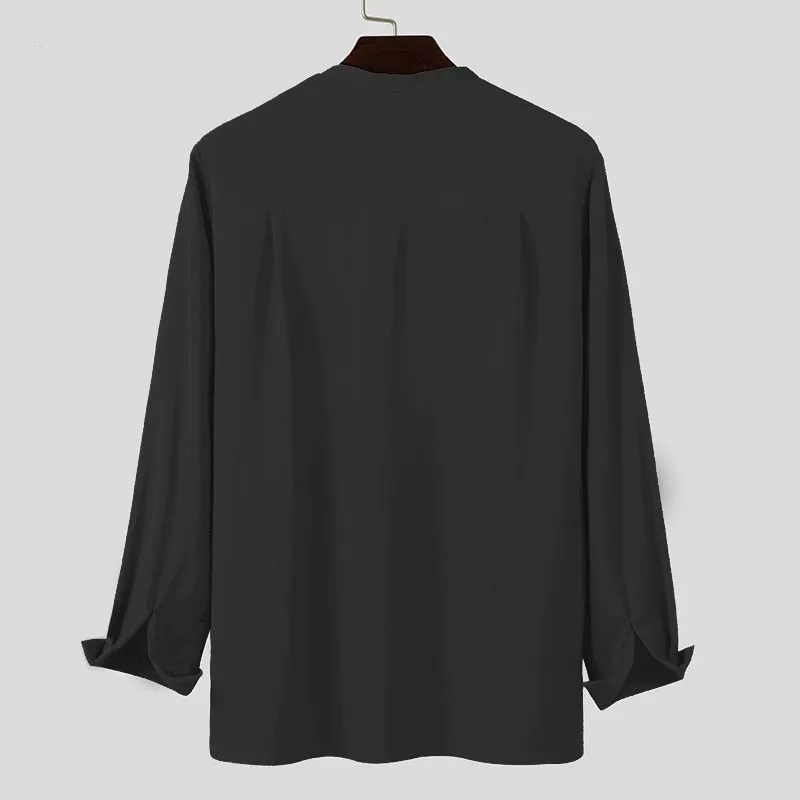 Voguable Fashion Men Brand Shirt Solid Long Sleeve V Neck Chic Button Casual Blouse  Streetwear Korean Style Shirts Camisas