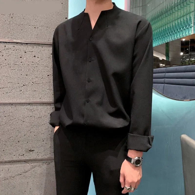 Voguable Fashion Men Brand Shirt Solid Long Sleeve V Neck Chic Button Casual Blouse  Streetwear Korean Style Shirts Camisas