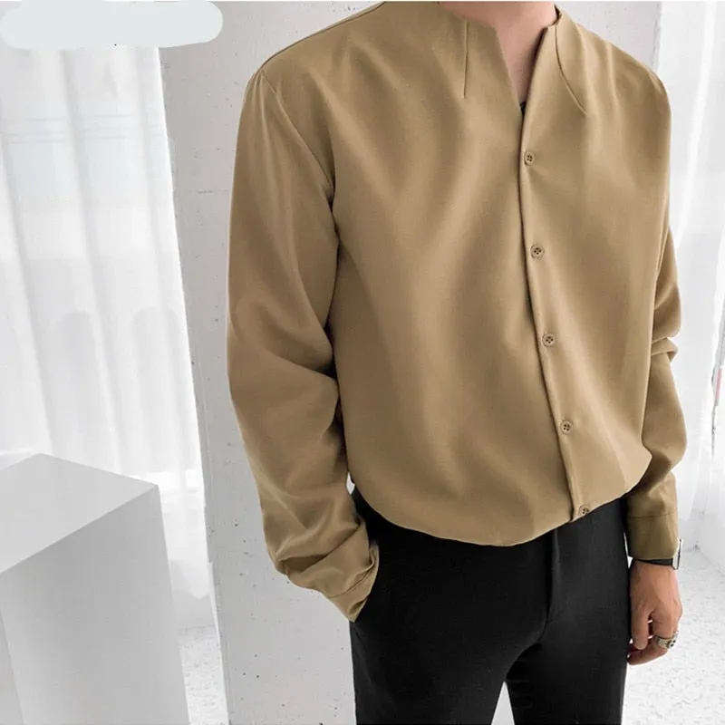 Voguable Fashion Men Brand Shirt Solid Long Sleeve V Neck Chic Button Casual Blouse  Streetwear Korean Style Shirts Camisas