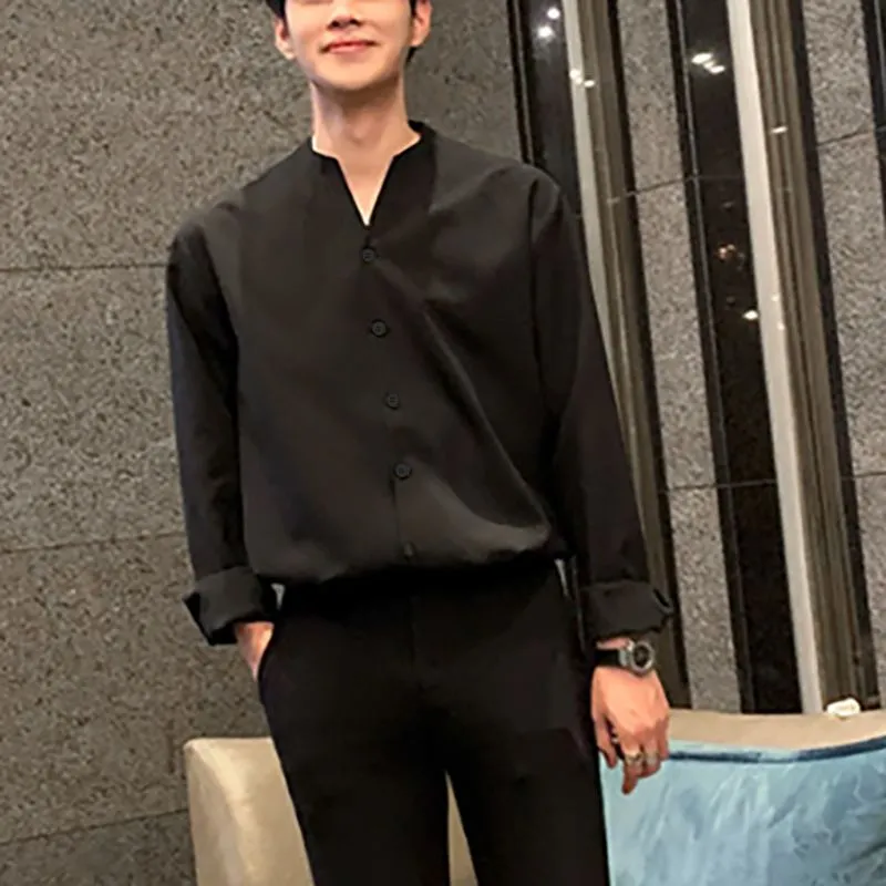 Voguable Fashion Men Brand Shirt Solid Long Sleeve V Neck Chic Button Casual Blouse  Streetwear Korean Style Shirts Camisas