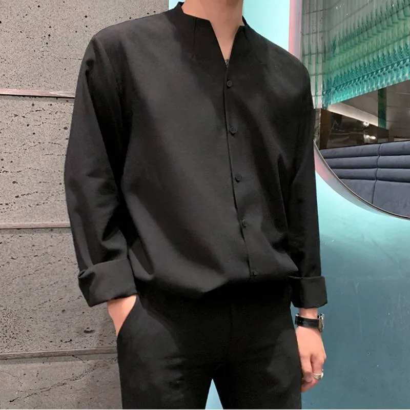 Voguable Fashion Men Brand Shirt Solid Long Sleeve V Neck Chic Button Casual Blouse  Streetwear Korean Style Shirts Camisas