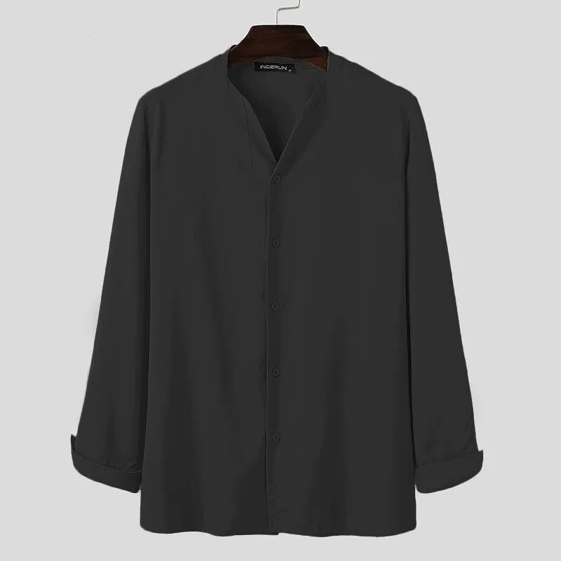 Voguable Fashion Men Brand Shirt Solid Long Sleeve V Neck Chic Button Casual Blouse  Streetwear Korean Style Shirts Camisas
