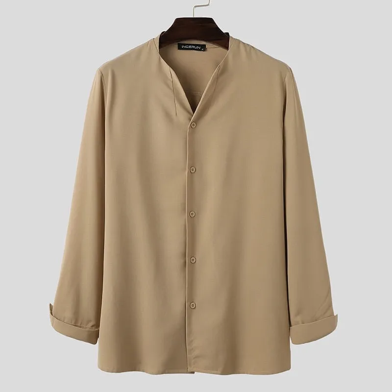 Voguable Fashion Men Brand Shirt Solid Long Sleeve V Neck Chic Button Casual Blouse  Streetwear Korean Style Shirts Camisas