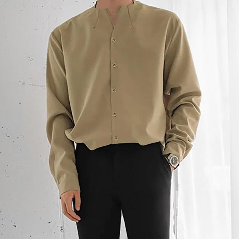 Voguable Fashion Men Brand Shirt Solid Long Sleeve V Neck Chic Button Casual Blouse  Streetwear Korean Style Shirts Camisas