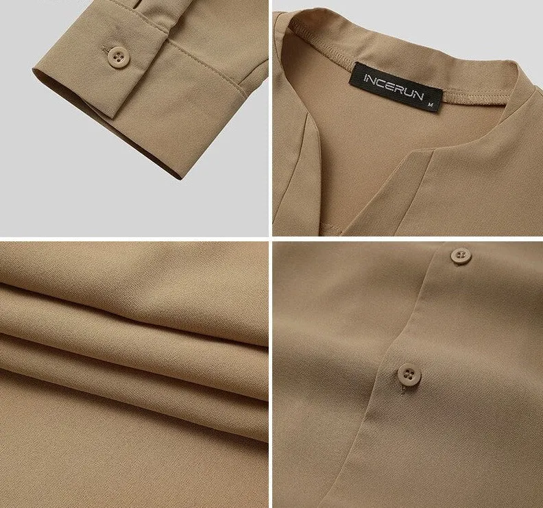 Voguable Fashion Men Brand Shirt Solid Long Sleeve V Neck Chic Button Casual Blouse  Streetwear Korean Style Shirts Camisas