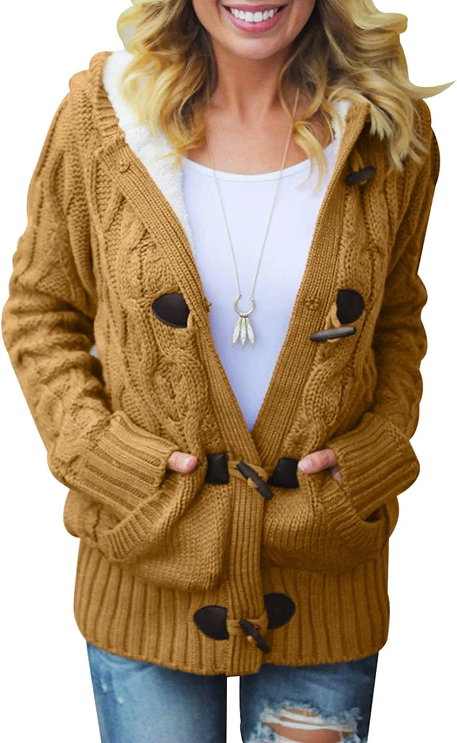 Womens Hooded Cardigans Casual Long Sleeve Button Up Knit Sweater Coat