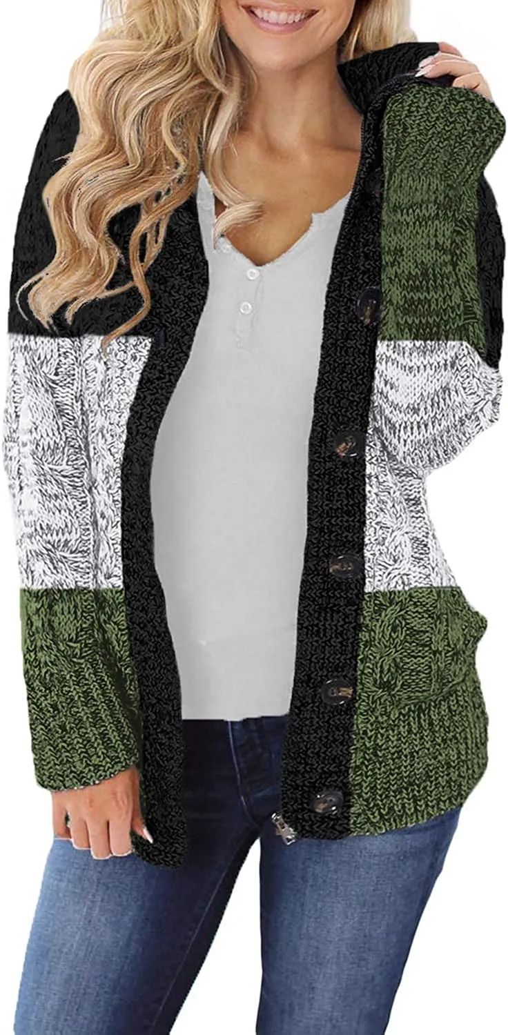 Womens Hooded Cardigans Casual Long Sleeve Button Up Knit Sweater Coat