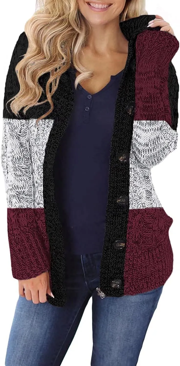 Womens Hooded Cardigans Casual Long Sleeve Button Up Knit Sweater Coat