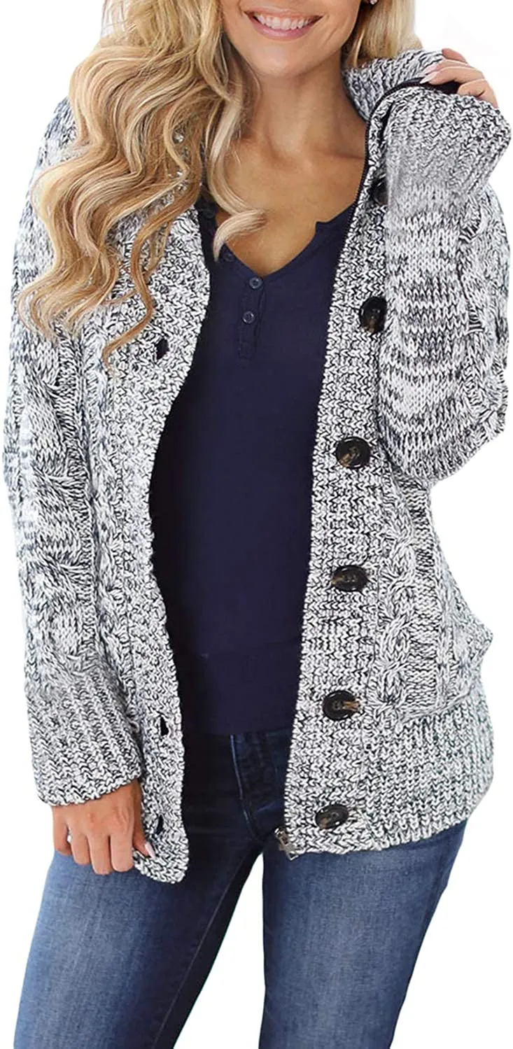 Womens Hooded Cardigans Casual Long Sleeve Button Up Knit Sweater Coat