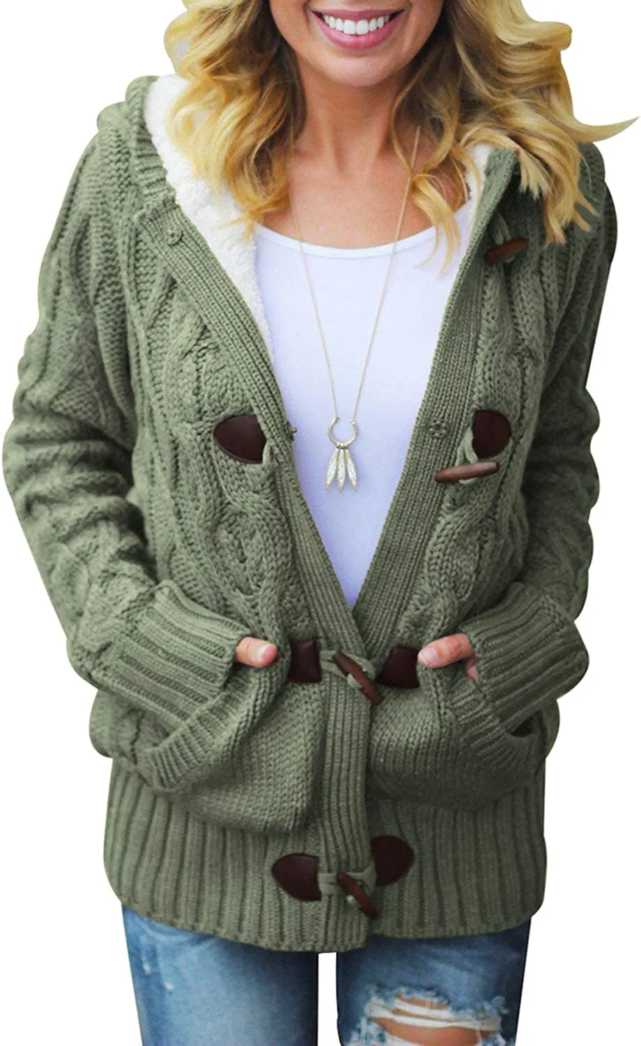 Womens Hooded Cardigans Casual Long Sleeve Button Up Knit Sweater Coat