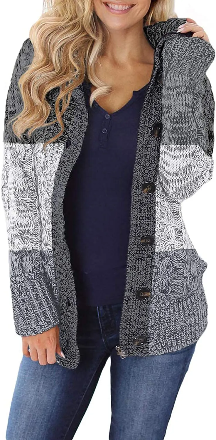 Womens Hooded Cardigans Casual Long Sleeve Button Up Knit Sweater Coat
