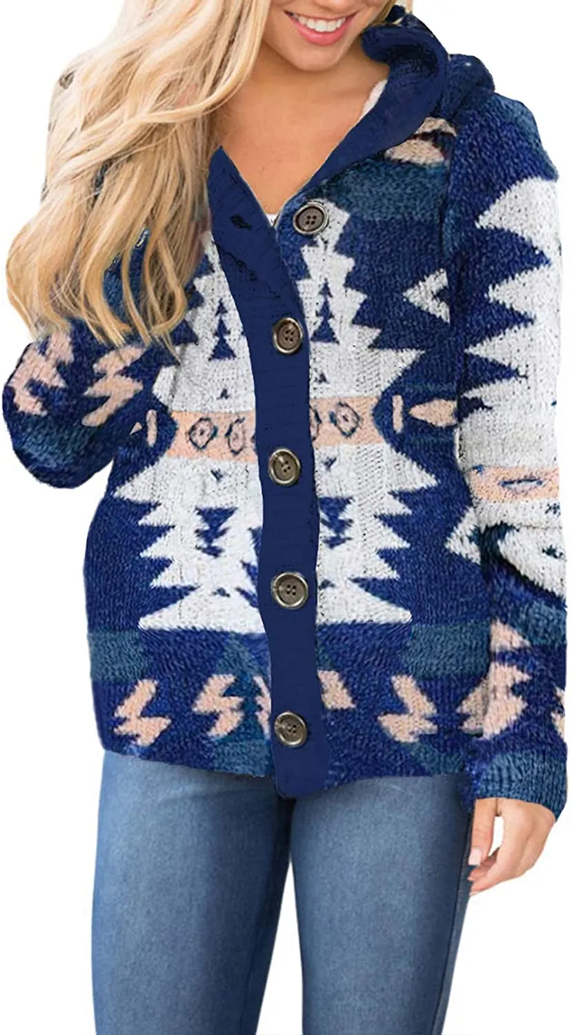Womens Hooded Cardigans Casual Long Sleeve Button Up Knit Sweater Coat