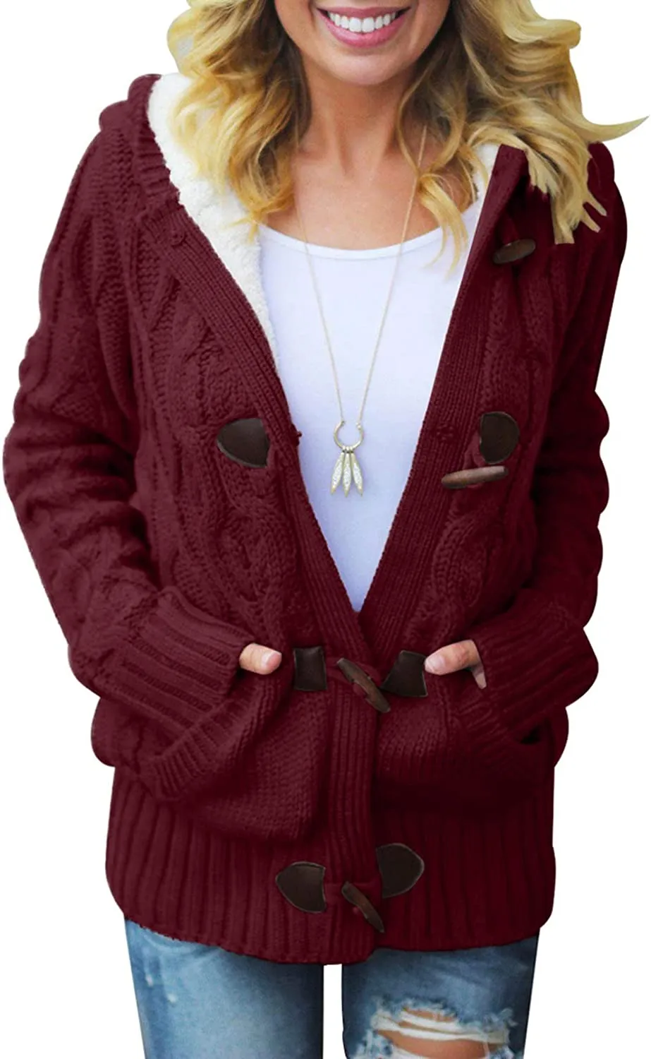 Womens Hooded Cardigans Casual Long Sleeve Button Up Knit Sweater Coat