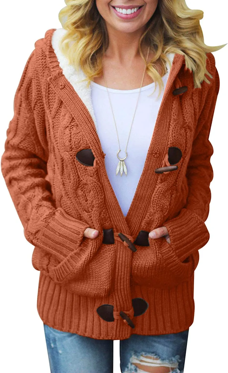 Womens Hooded Cardigans Casual Long Sleeve Button Up Knit Sweater Coat