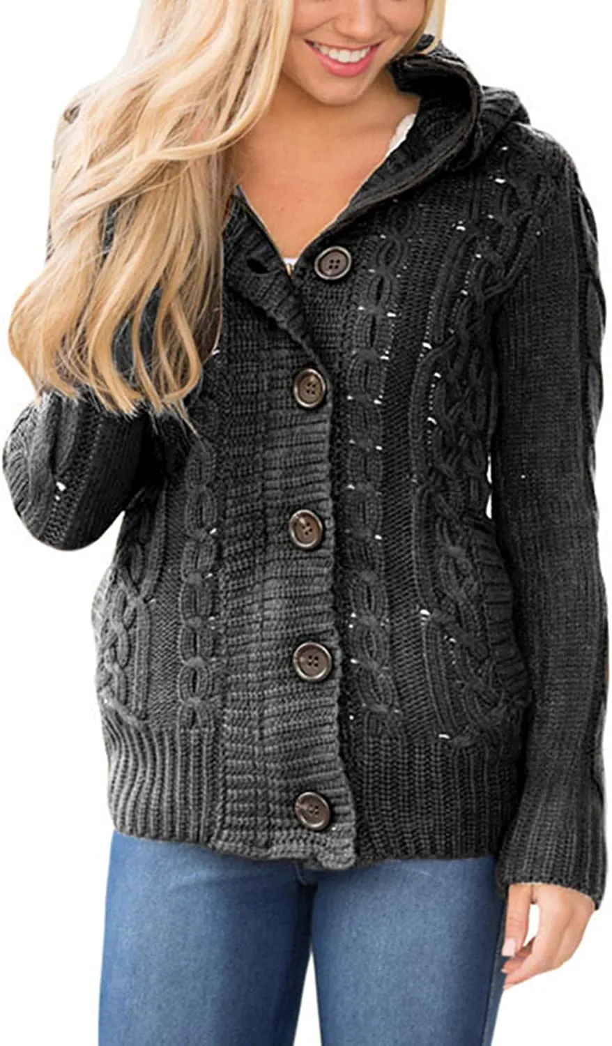 Womens Hooded Cardigans Casual Long Sleeve Button Up Knit Sweater Coat