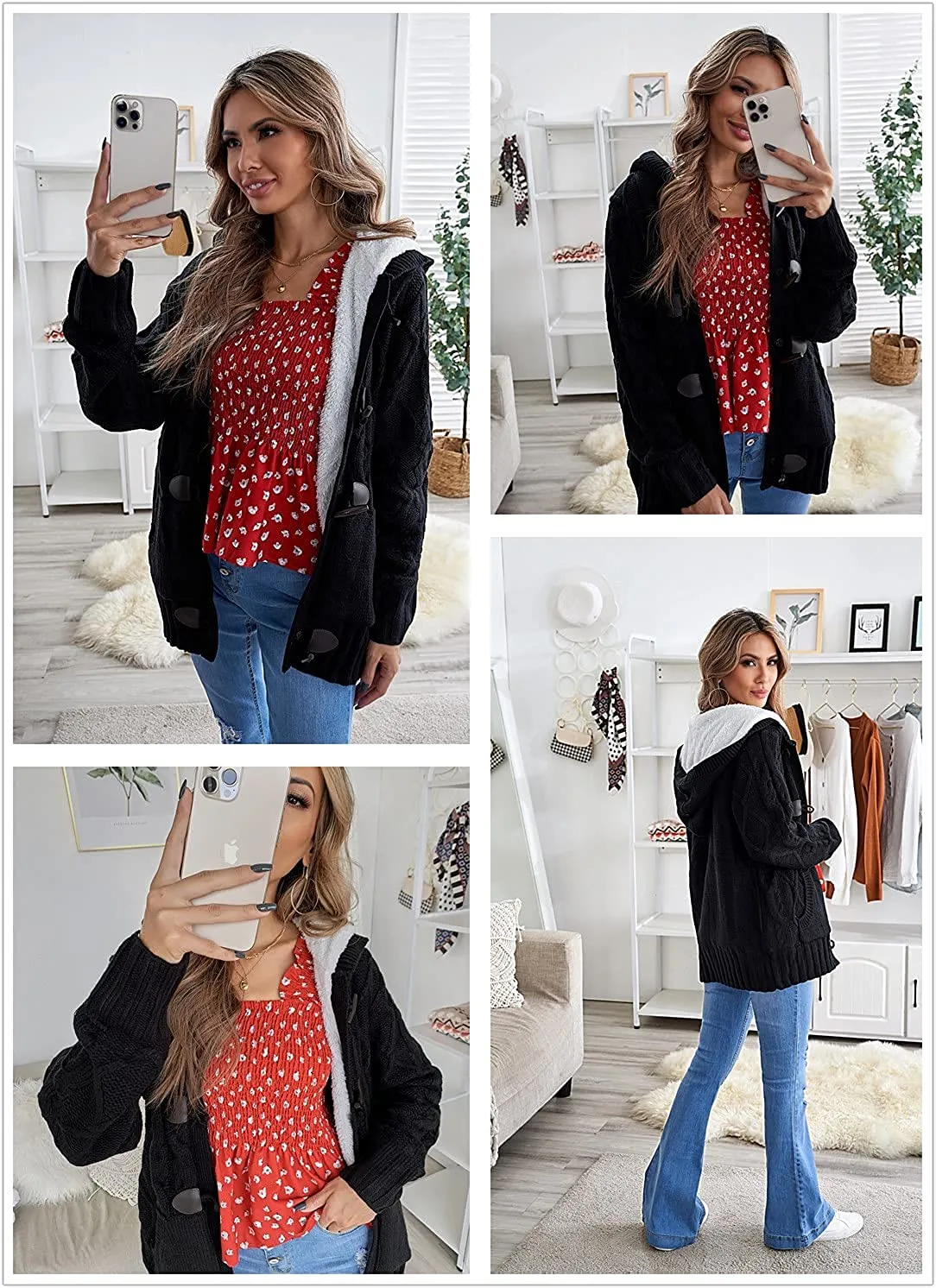 Womens Hooded Cardigans Casual Long Sleeve Button Up Knit Sweater Coat