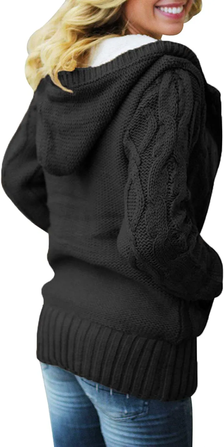 Womens Hooded Cardigans Casual Long Sleeve Button Up Knit Sweater Coat