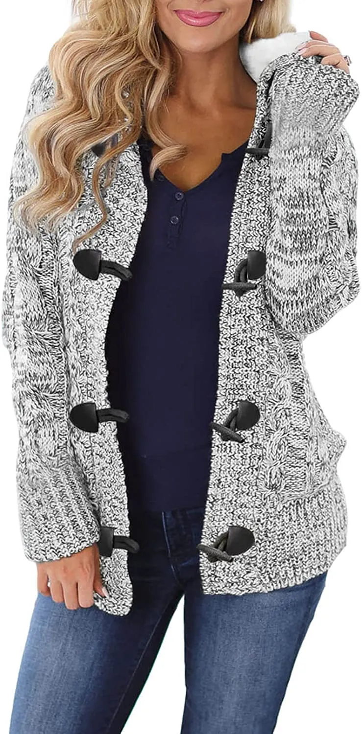 Womens Hooded Cardigans Casual Long Sleeve Button Up Knit Sweater Coat