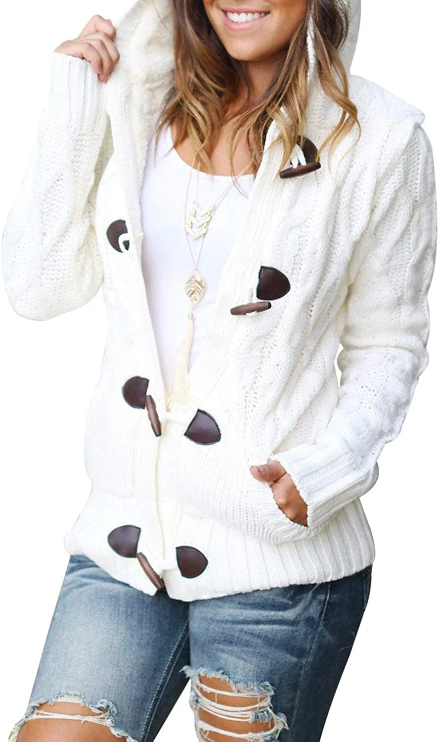 Womens Hooded Cardigans Casual Long Sleeve Button Up Knit Sweater Coat