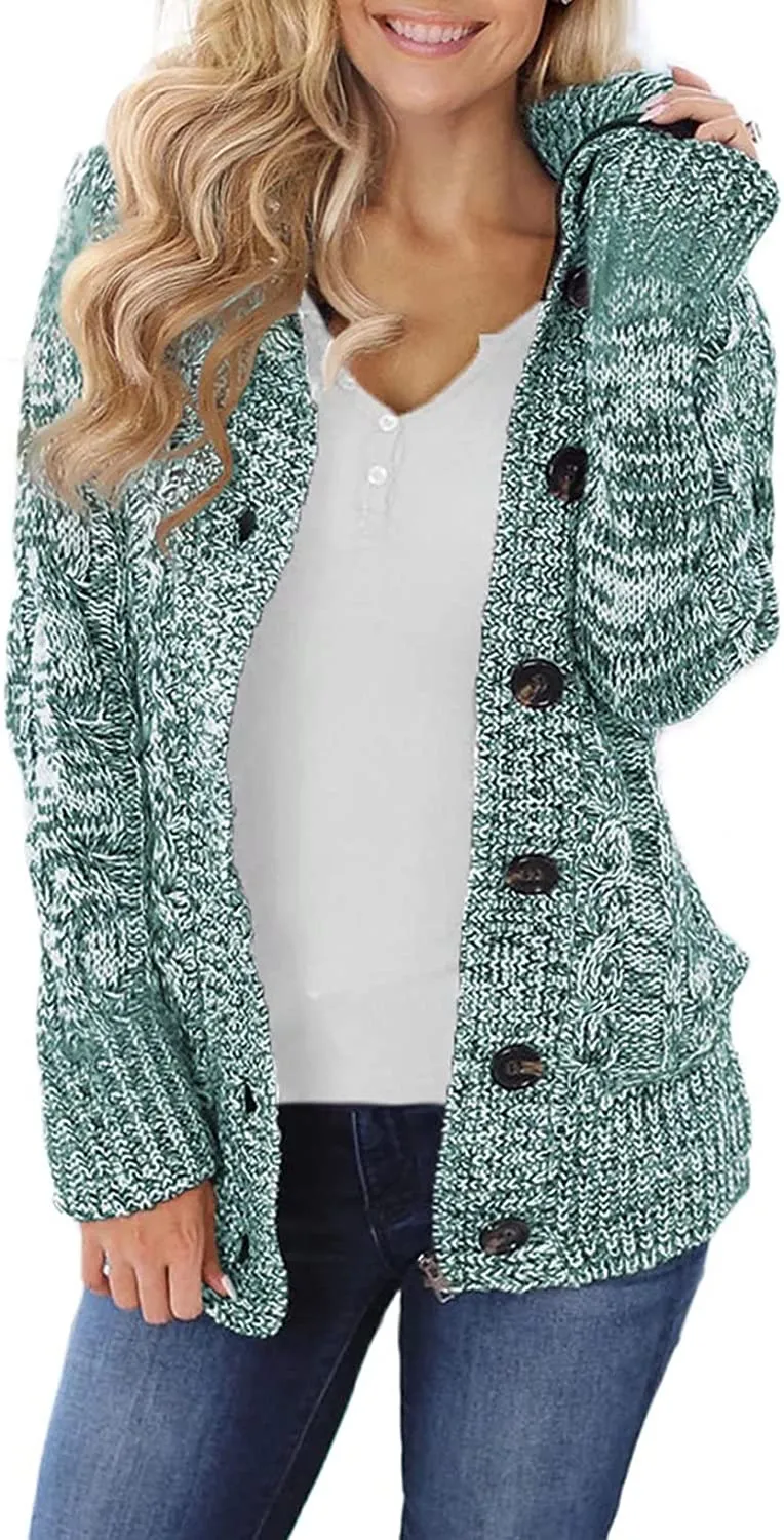 Womens Hooded Cardigans Casual Long Sleeve Button Up Knit Sweater Coat