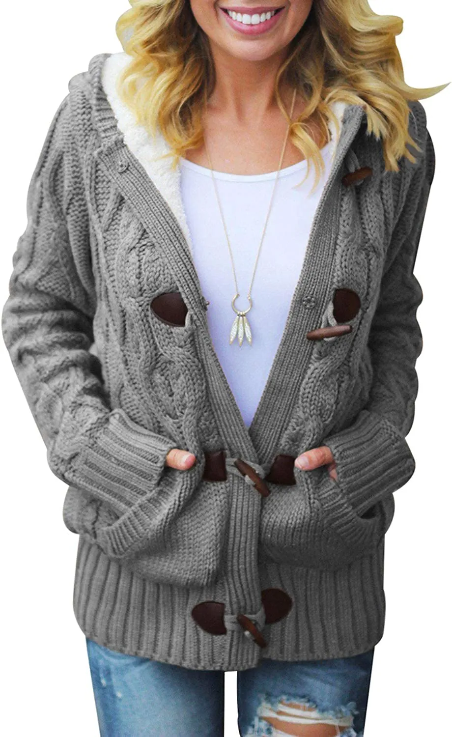 Womens Hooded Cardigans Casual Long Sleeve Button Up Knit Sweater Coat