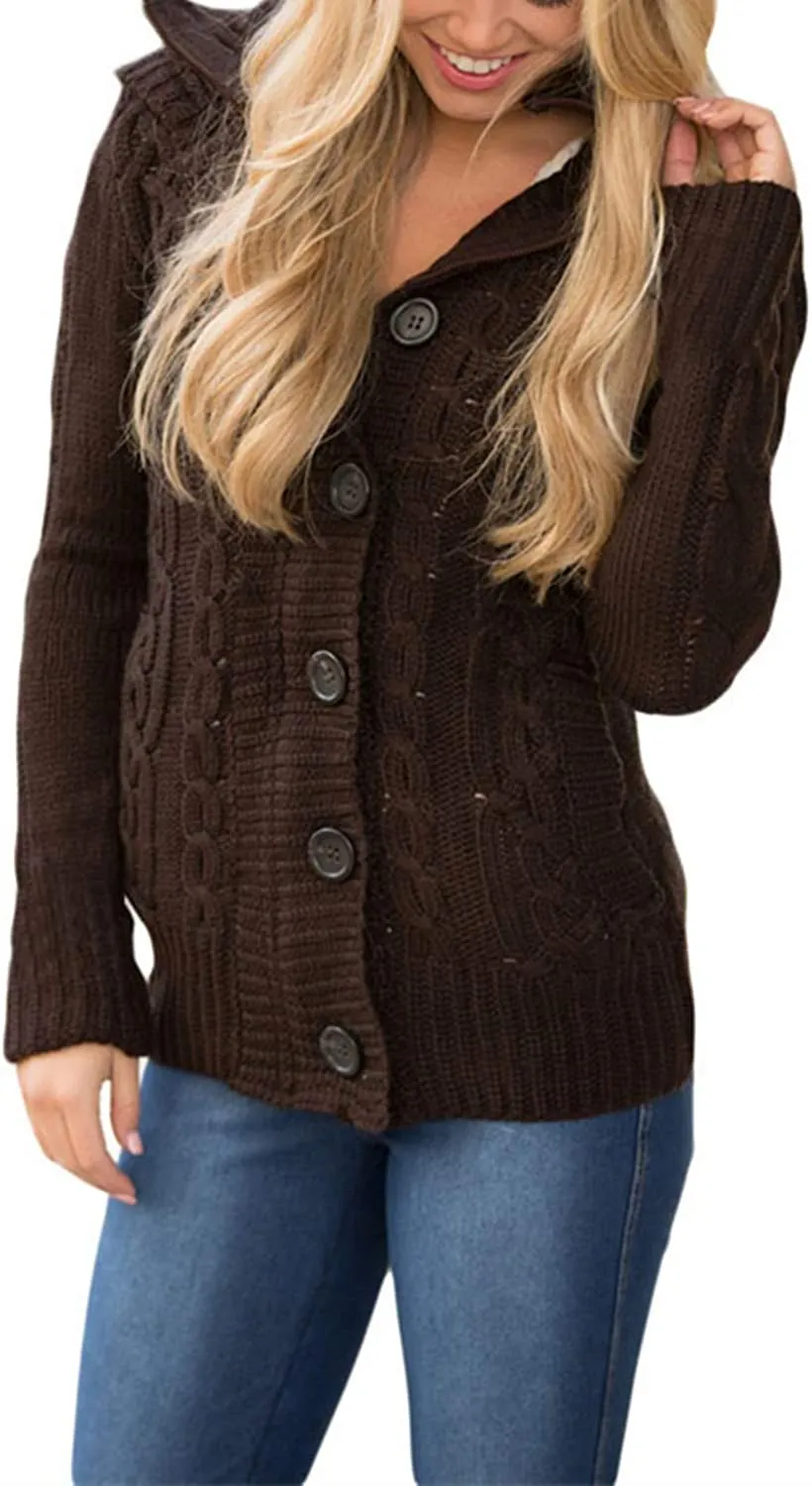 Womens Hooded Cardigans Casual Long Sleeve Button Up Knit Sweater Coat