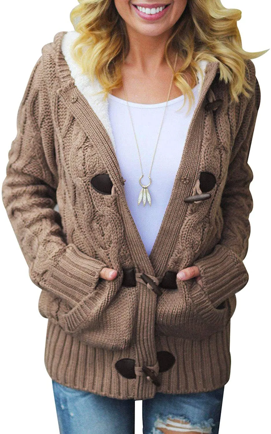 Womens Hooded Cardigans Casual Long Sleeve Button Up Knit Sweater Coat