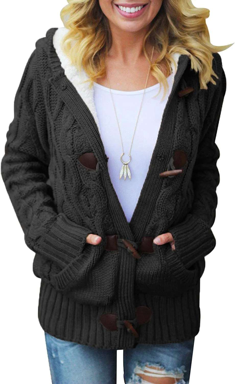 Womens Hooded Cardigans Casual Long Sleeve Button Up Knit Sweater Coat