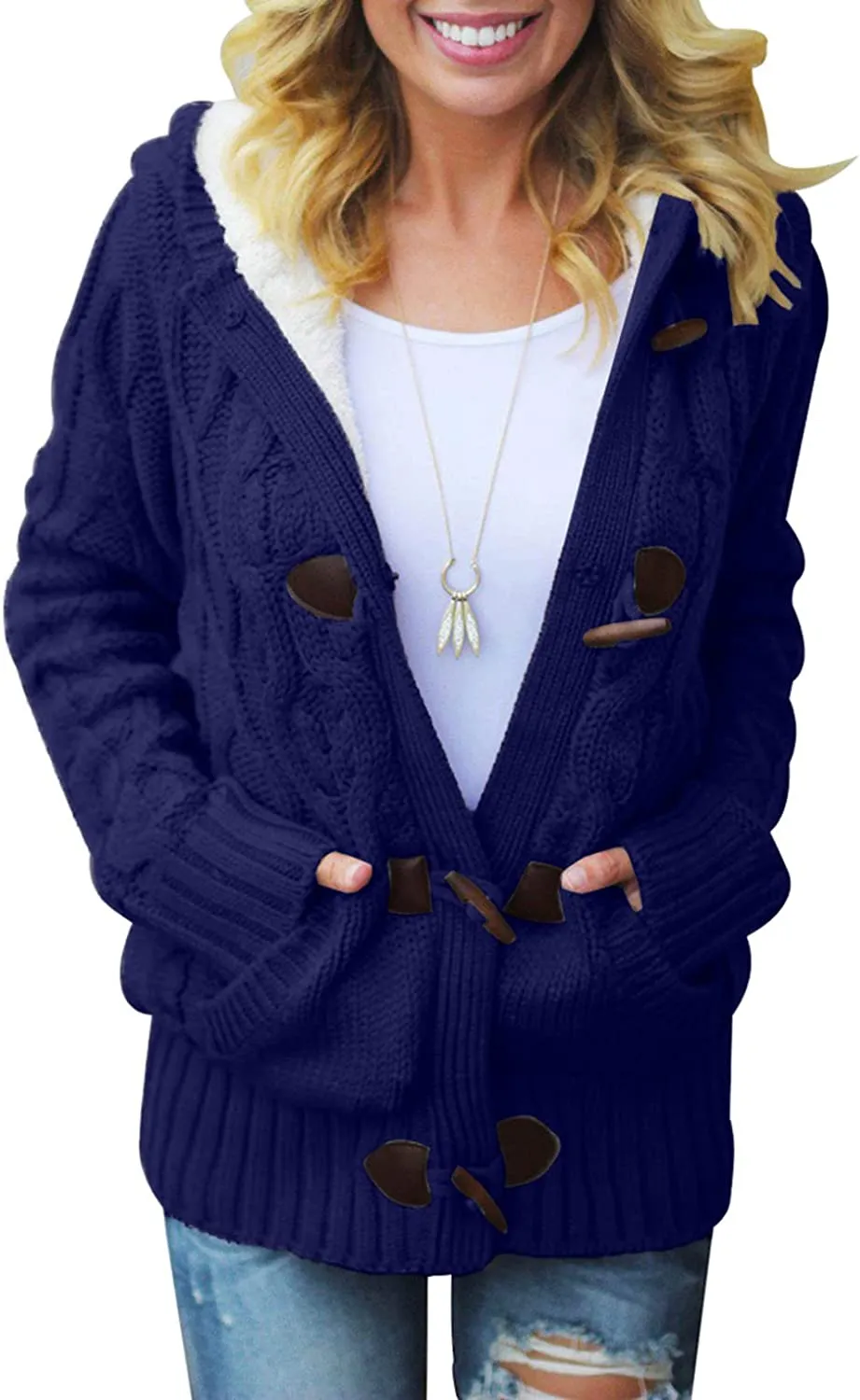 Womens Hooded Cardigans Casual Long Sleeve Button Up Knit Sweater Coat