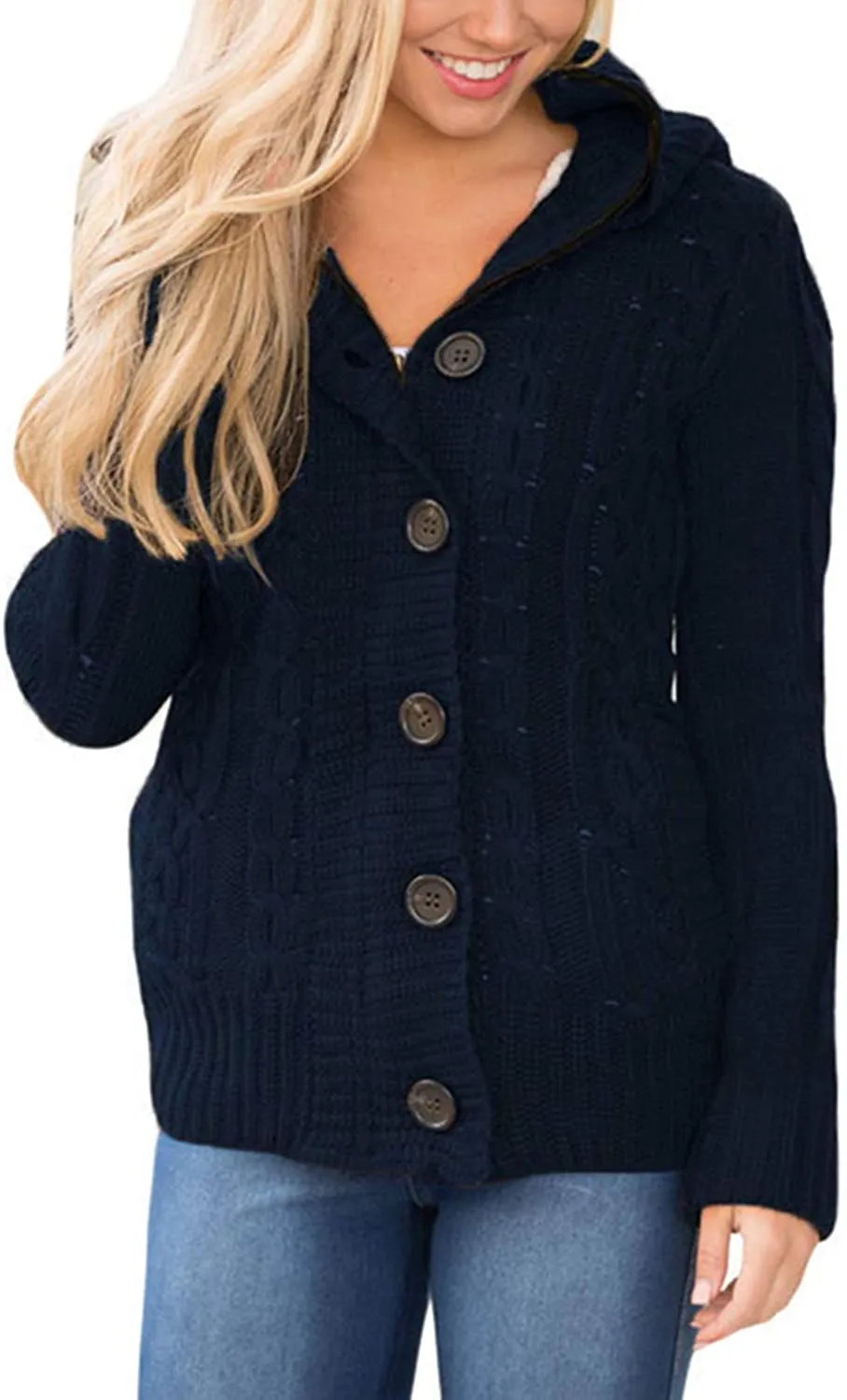 Womens Hooded Cardigans Casual Long Sleeve Button Up Knit Sweater Coat