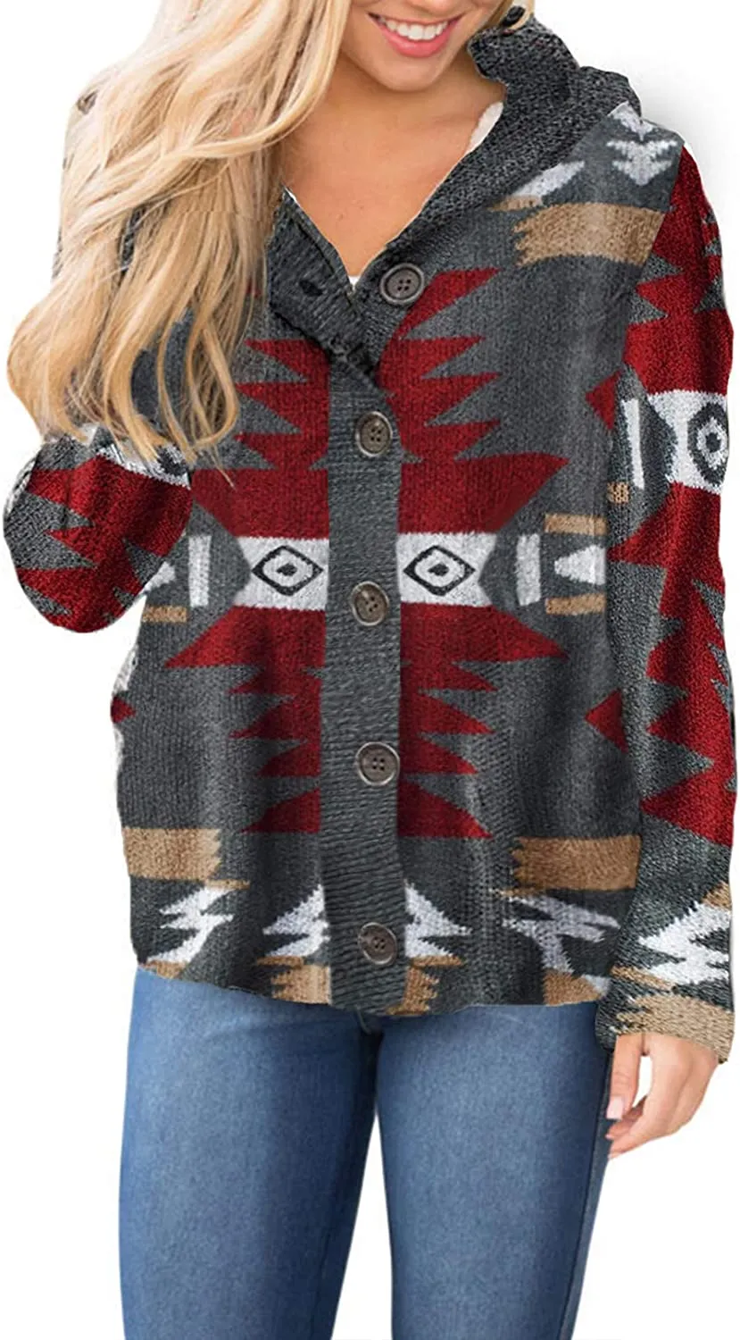 Womens Hooded Cardigans Casual Long Sleeve Button Up Knit Sweater Coat
