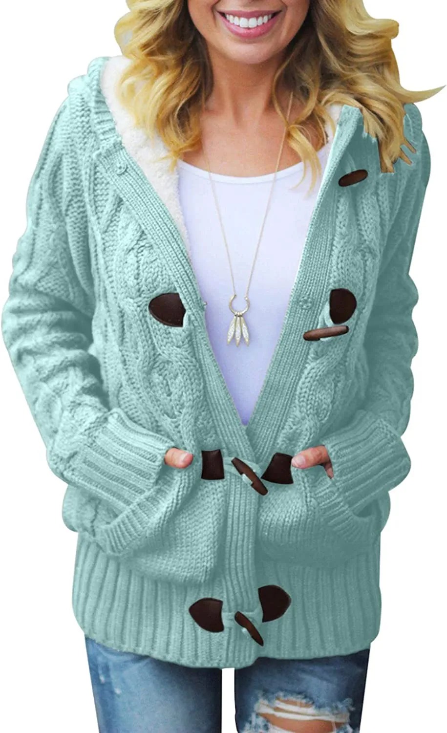 Womens Hooded Cardigans Casual Long Sleeve Button Up Knit Sweater Coat