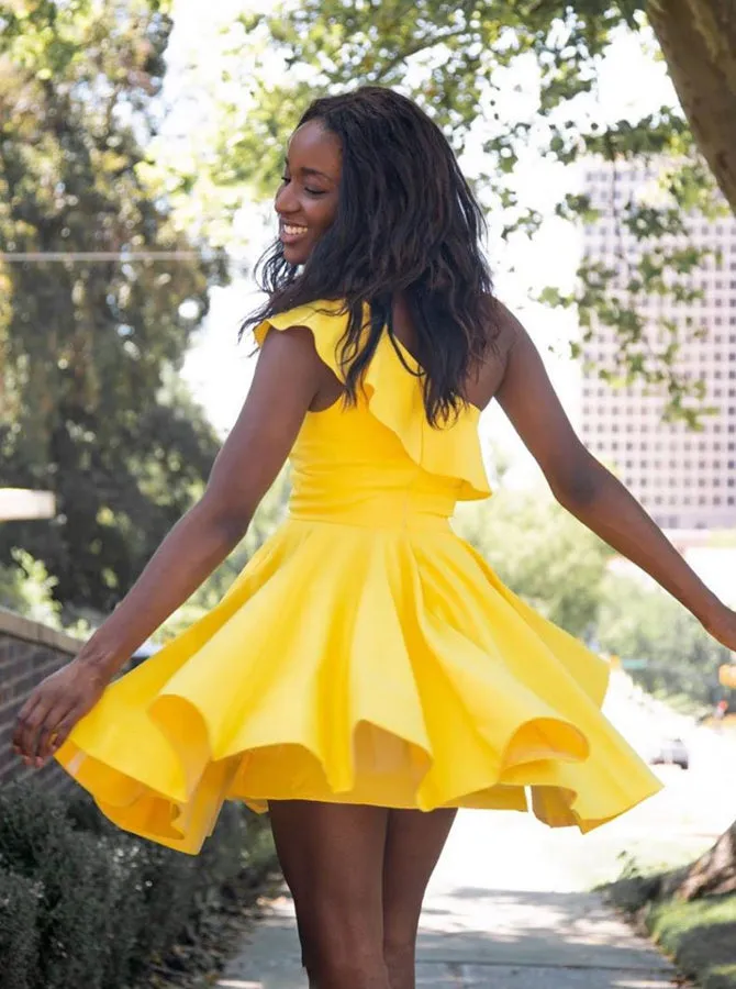 Yellow Homecoming Dresses,Homecoming Dress One Shoulder,Modest Homecoming Dress,HC00027